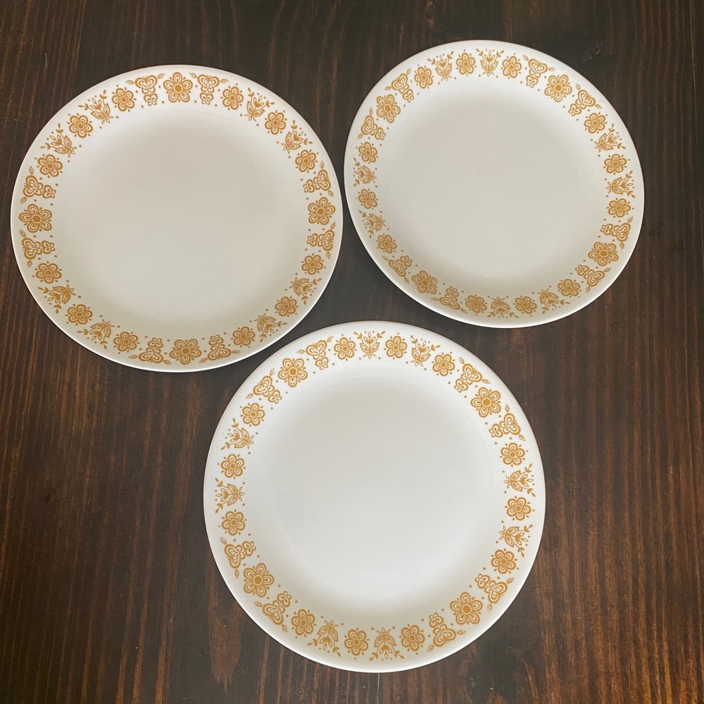 3 Corelle Butterfly Gold Yellow Dinner Plates 10 1/4" Wide Corning Ware